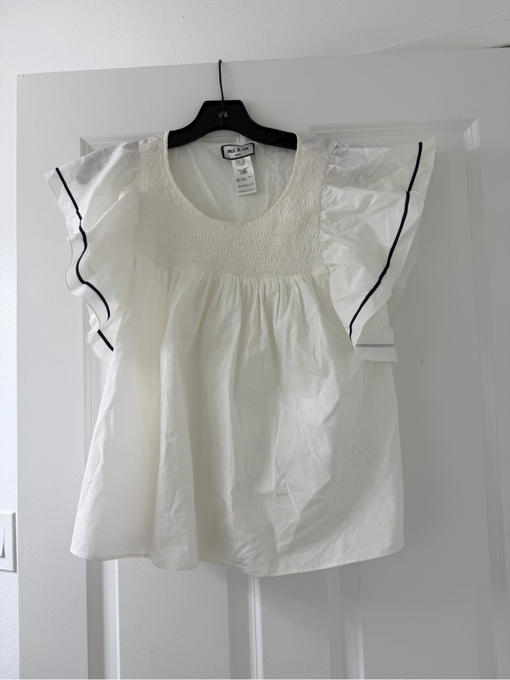 Paul & Joe White Smocked Flutter Sleeve Blouse with Navy Trim